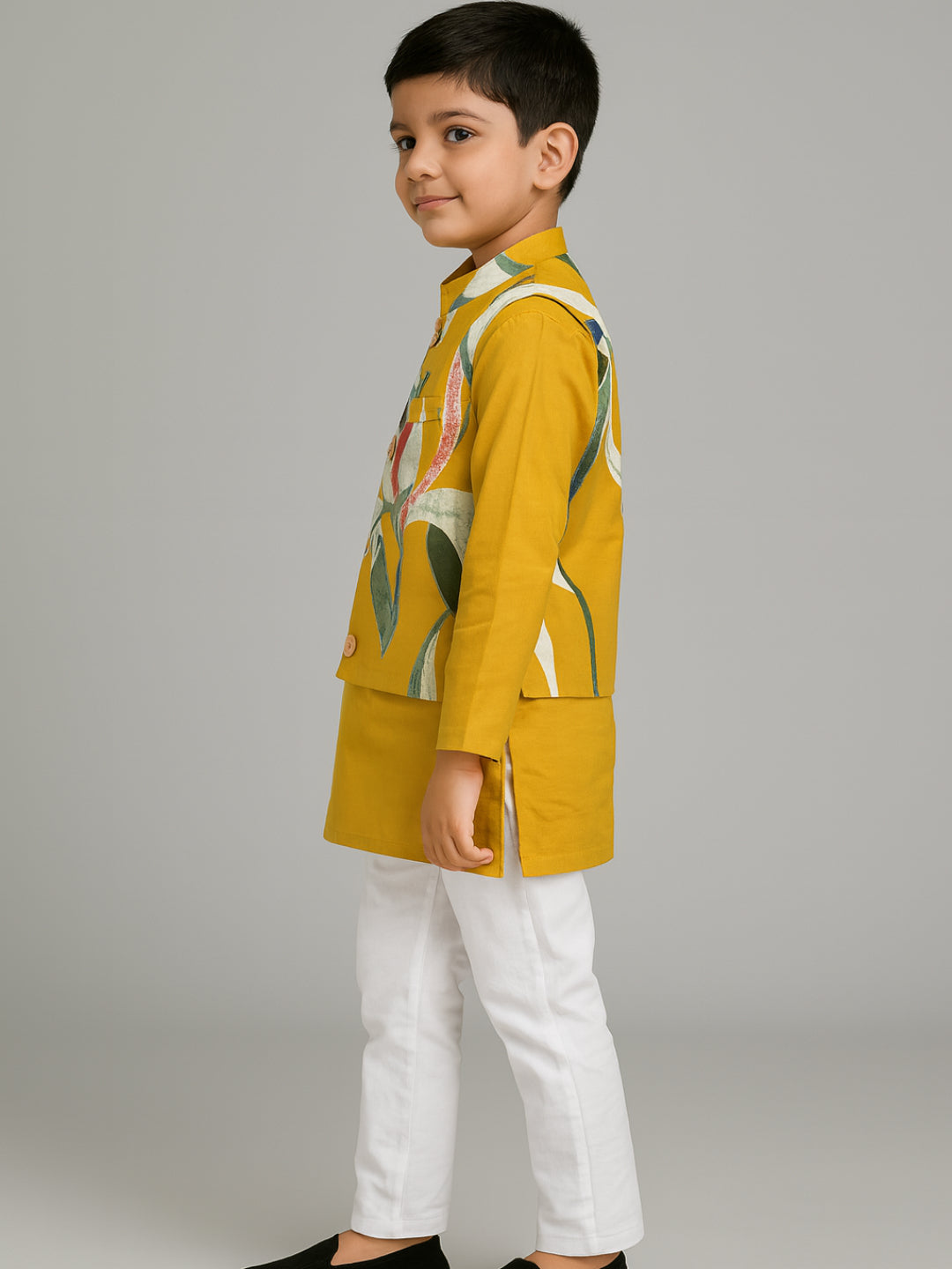 Boys Yellow Printed Kurta Pyjamas Jacket