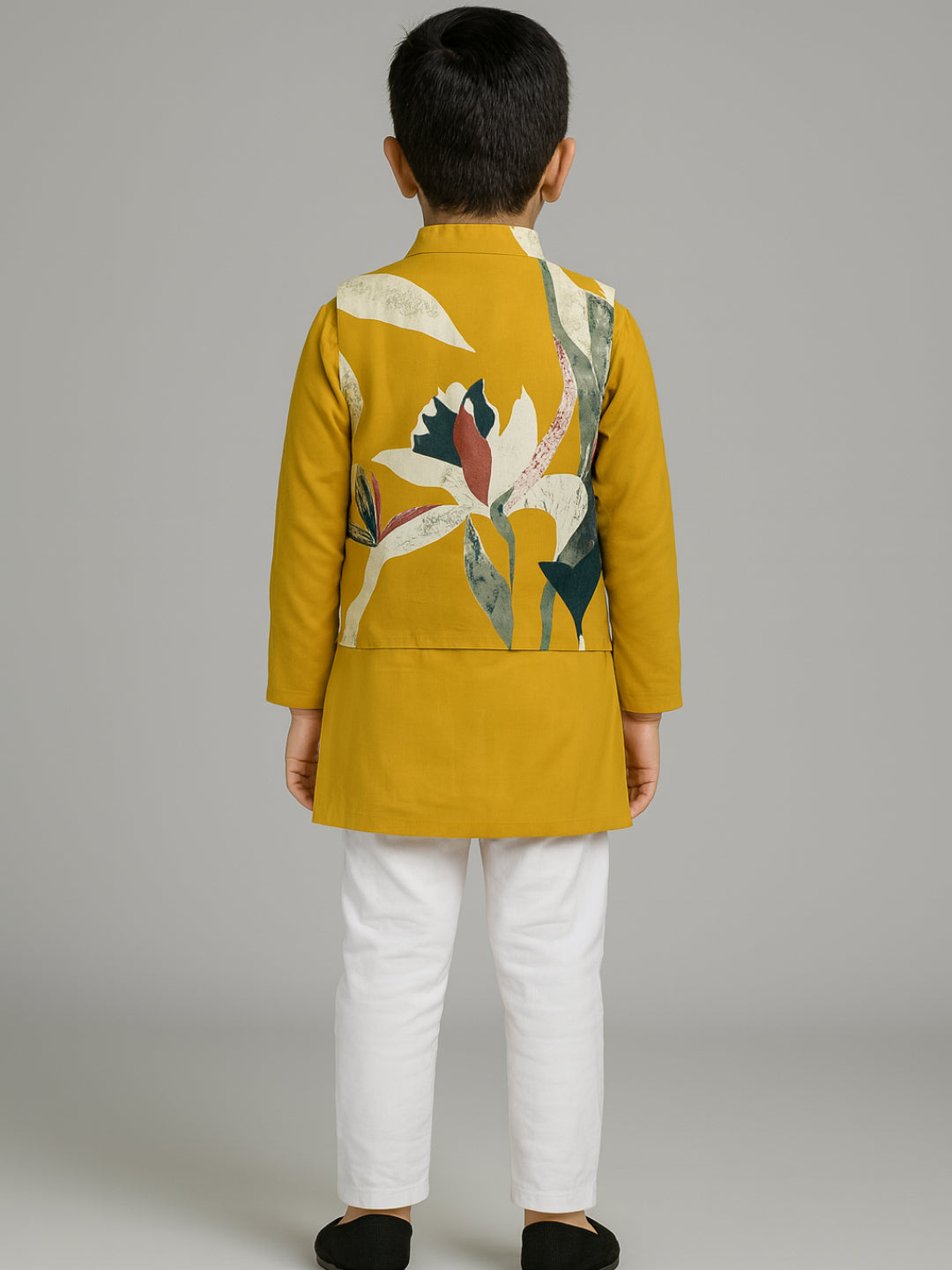 Boys Yellow Printed Kurta Pyjamas Jacket