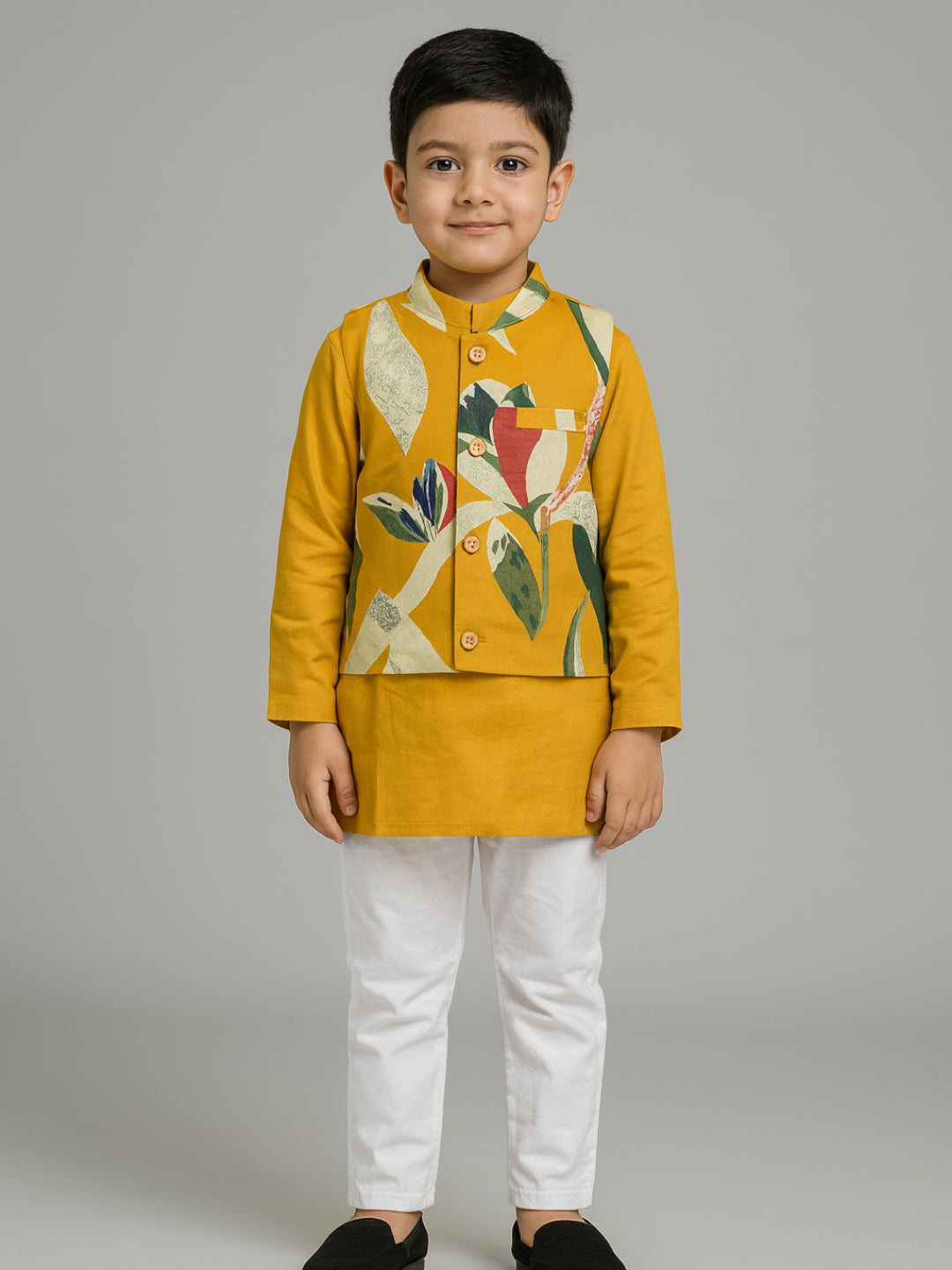 Boys Yellow Printed Kurta Pyjamas Jacket