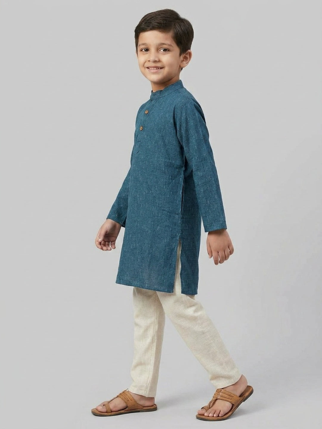Biglilpeople Boys Navy Blue Cotton Kurta Set with Rain Drop Print