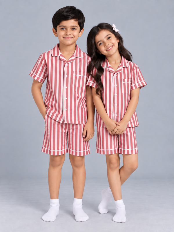 Biglilpeople Kids Bold Red Striped Cotton Short Sleeve Shirt & Shorts Nightsuit
