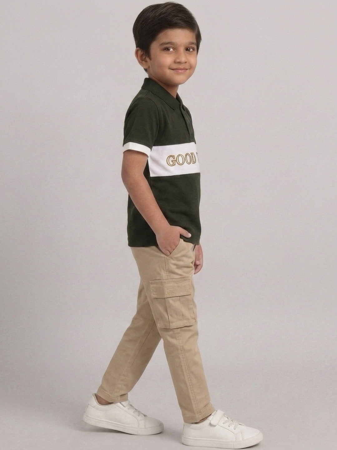 Boys Pure Cotton Olive Green & Off White Color Pique Polo T Shirt with Good Vibes design Print