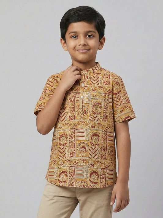 Biglilpeople Boys Ethnic Print Spread Collar Short Sleeves Shirt