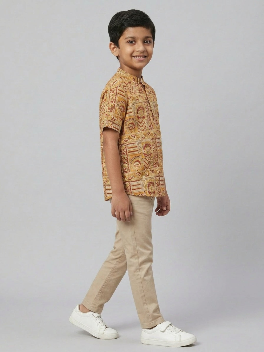 Biglilpeople Boys Ethnic Print Mandarin Collar Short Sleeves Shirt