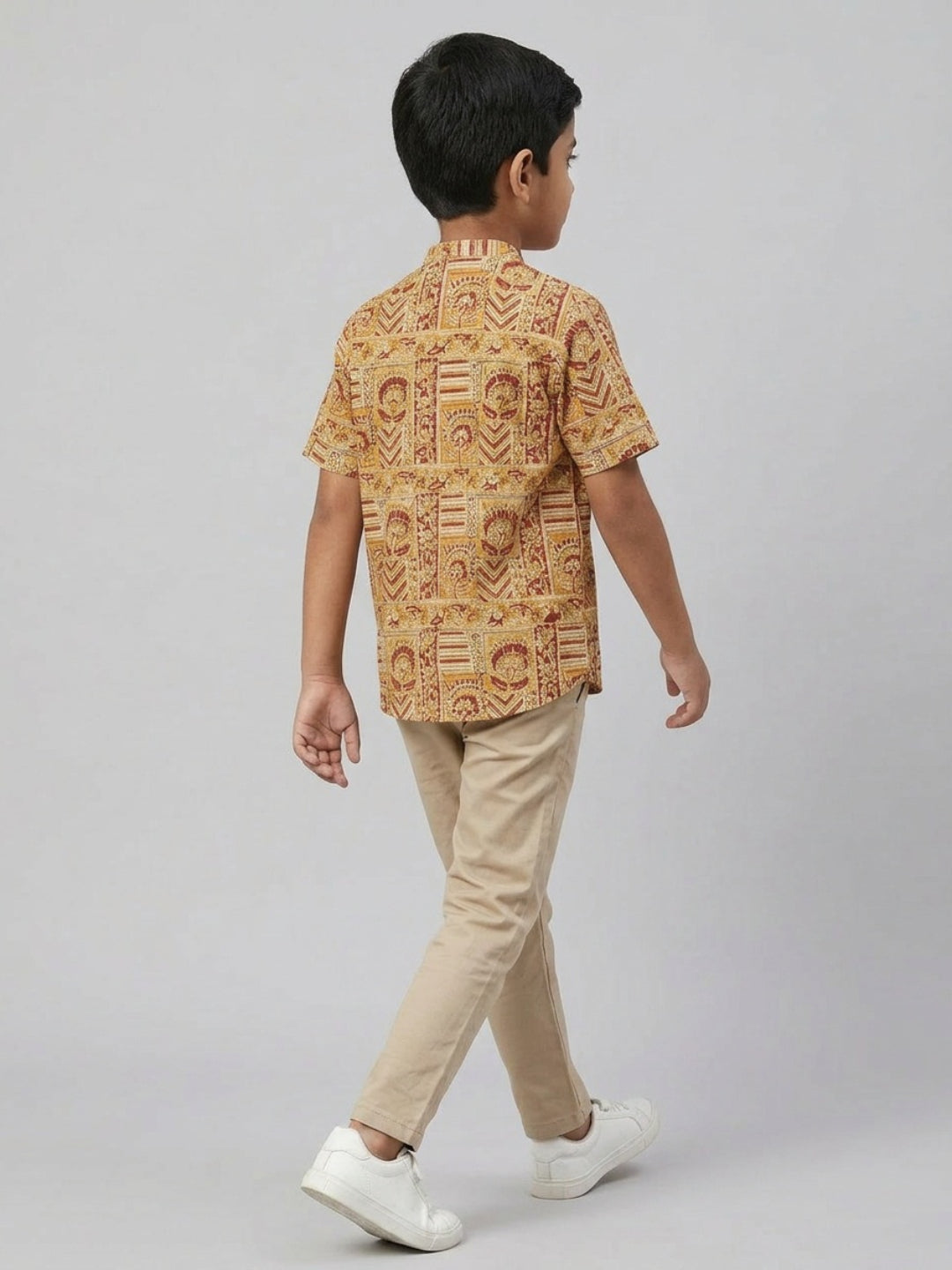 Biglilpeople Boys Ethnic Print Mandarin Collar Short Sleeves Shirt