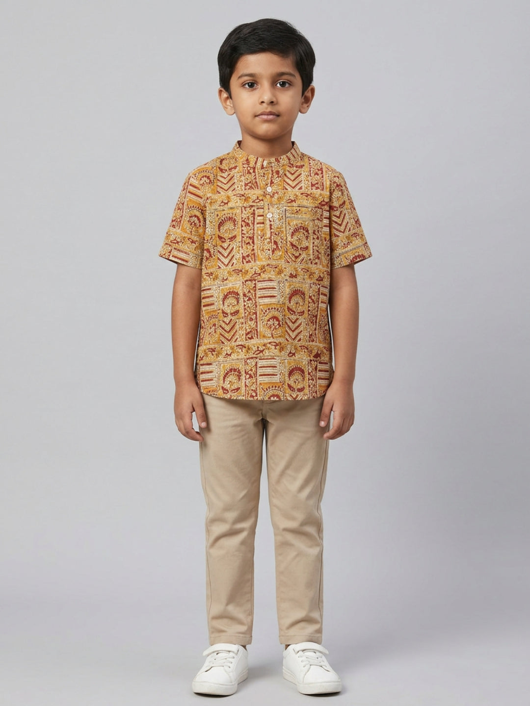 Biglilpeople Boys Ethnic Print Mandarin Collar Short Sleeves Shirt