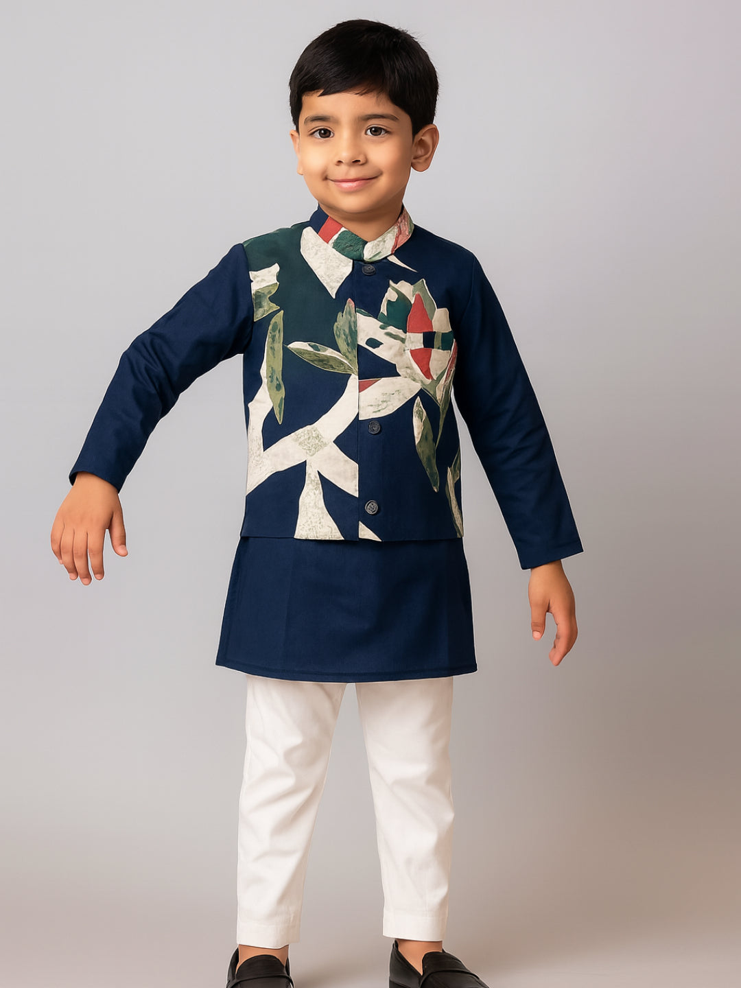 Boys Navy Blue Printed Kurta Pyjamas Jacket