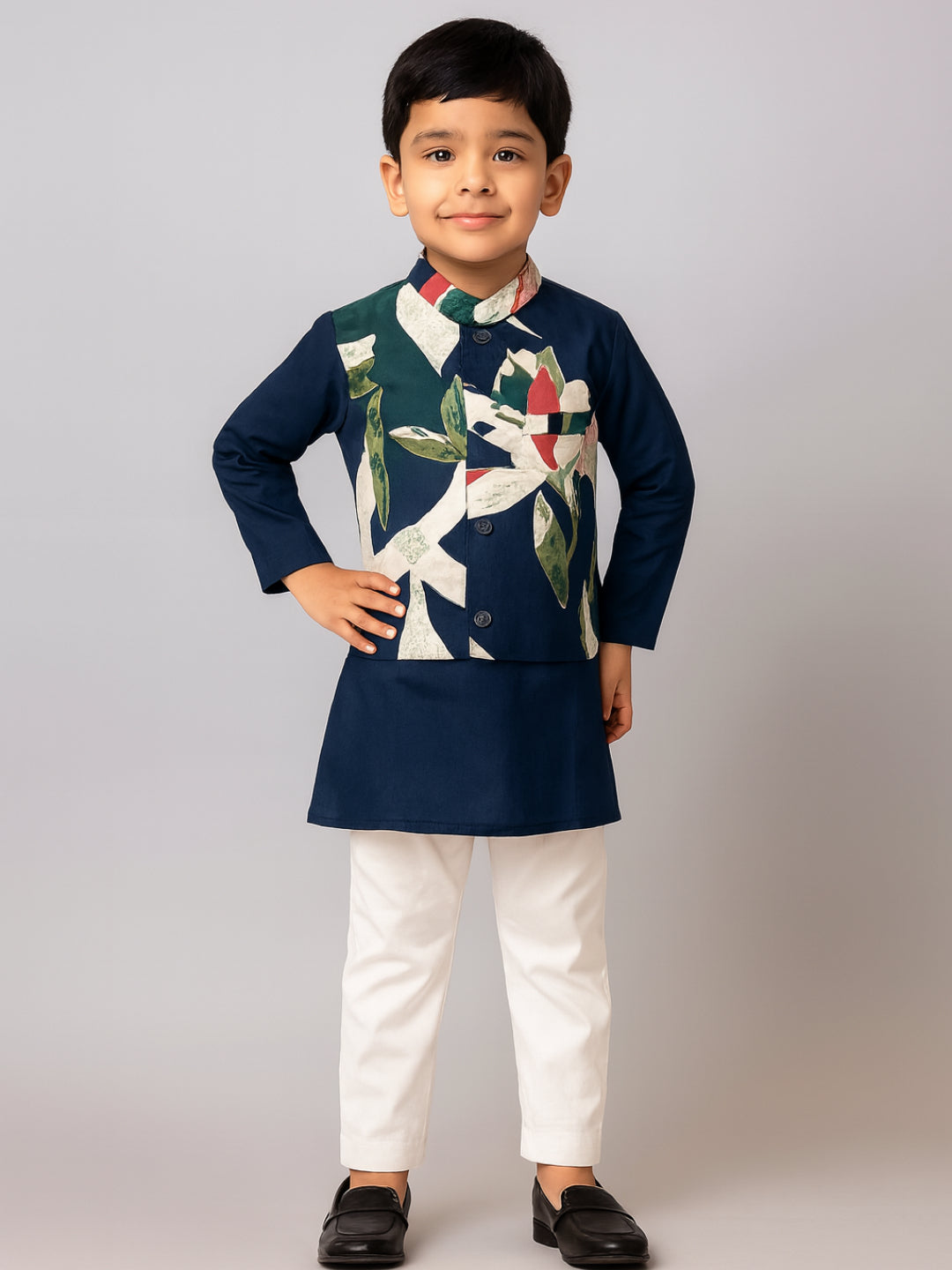 Boys Navy Blue Printed Kurta Pyjamas Jacket