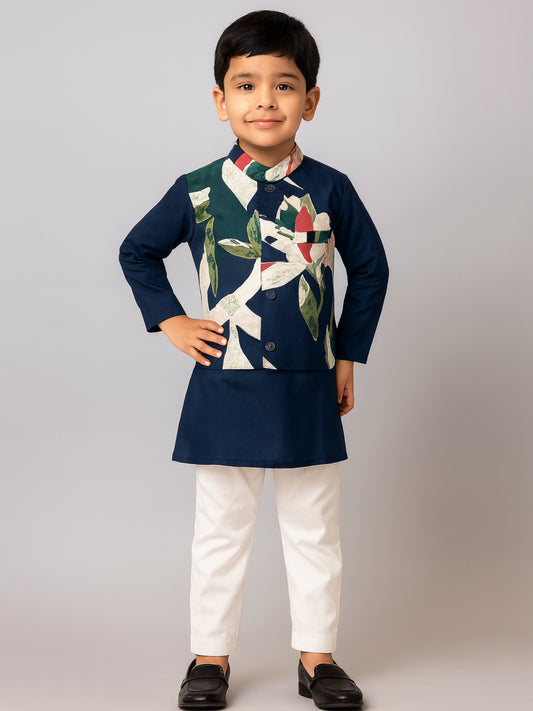 Boys Navy Blue Printed Kurta Pyjamas Jacket