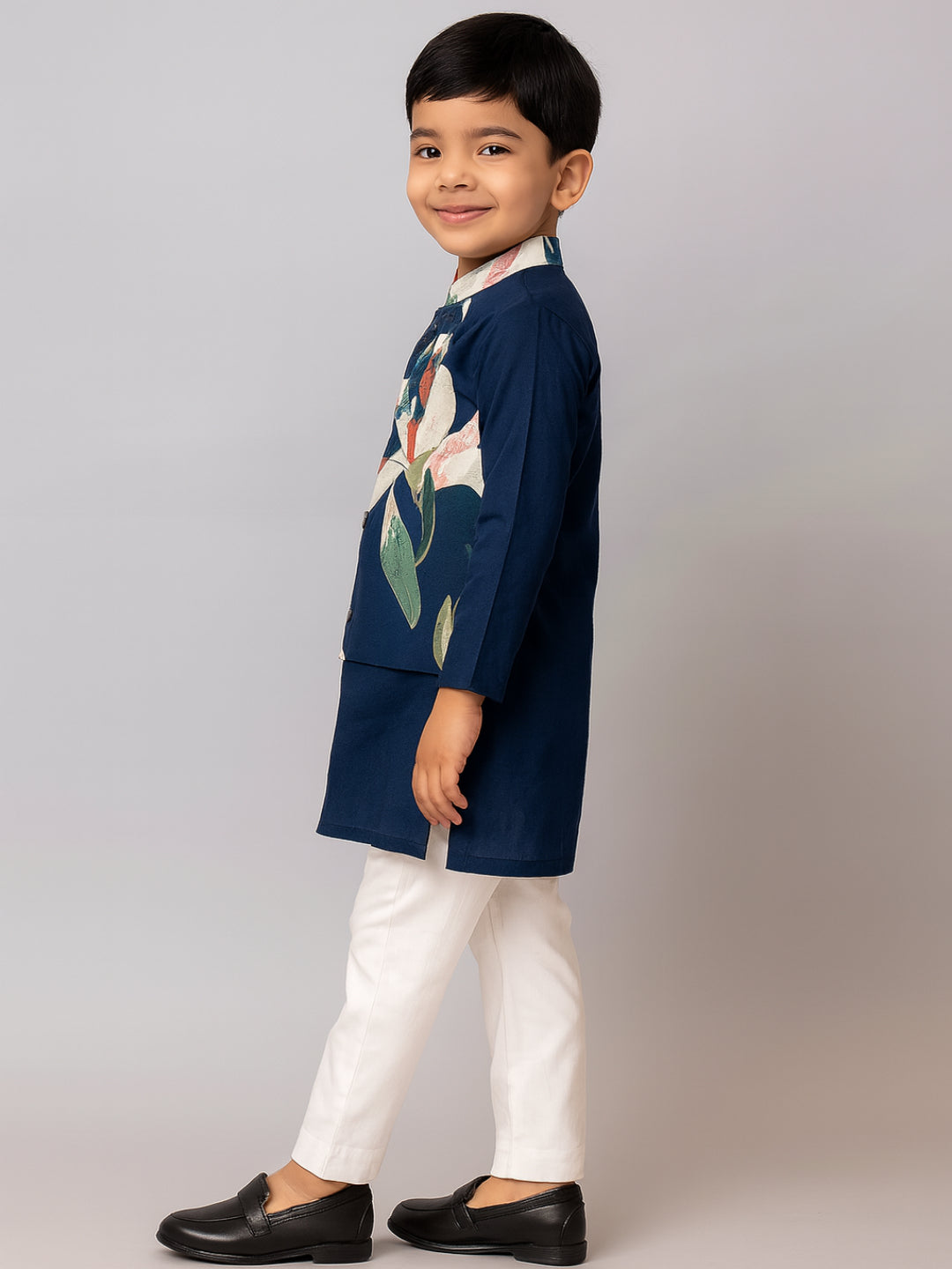Boys Navy Blue Printed Kurta Pyjamas Jacket