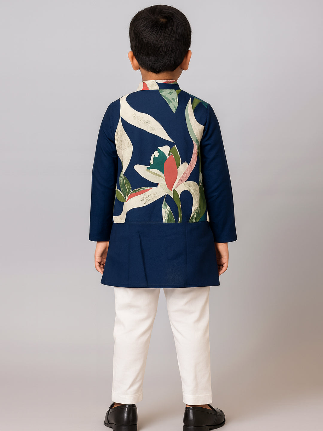 Boys Navy Blue Printed Kurta Pyjamas Jacket