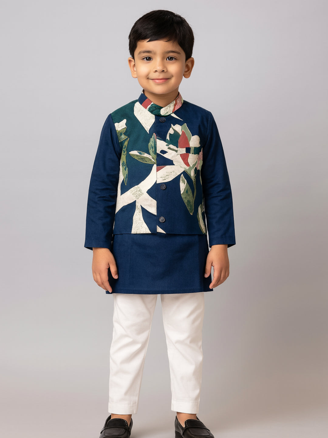 Boys Navy Blue Printed Kurta Pyjamas Jacket