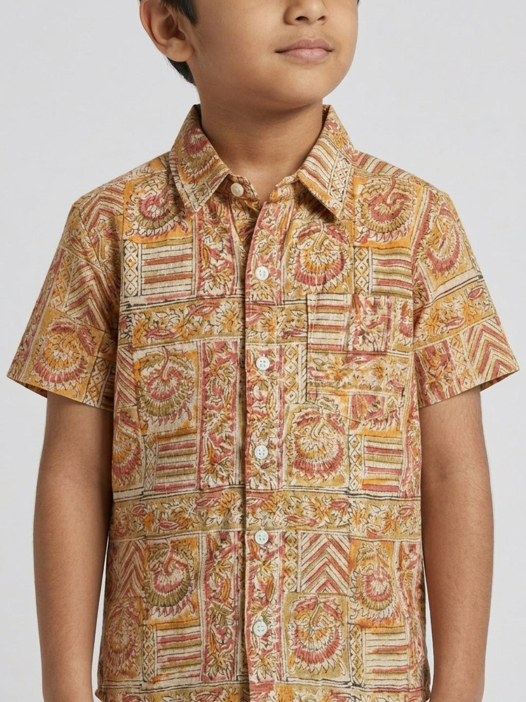 Biglilpeople Boys Ethnic Print Spread Collar Short Sleeves Shirt
