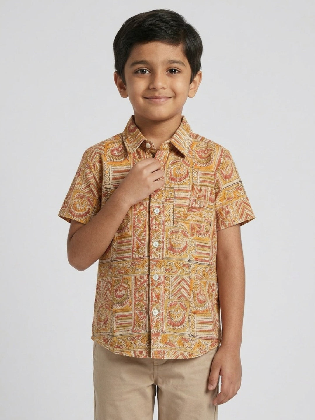 Biglilpeople Boys Ethnic Print Spread Collar Short Sleeves Shirt