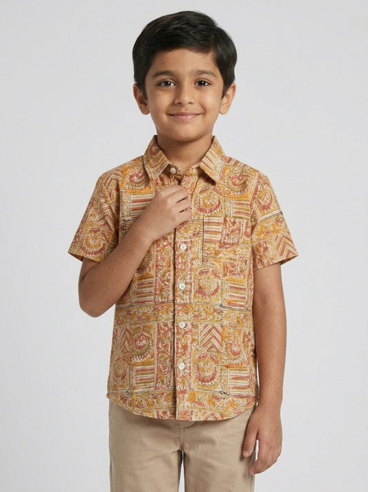 Biglilpeople Boys Ethnic Print Spread Collar Short Sleeves Shirt