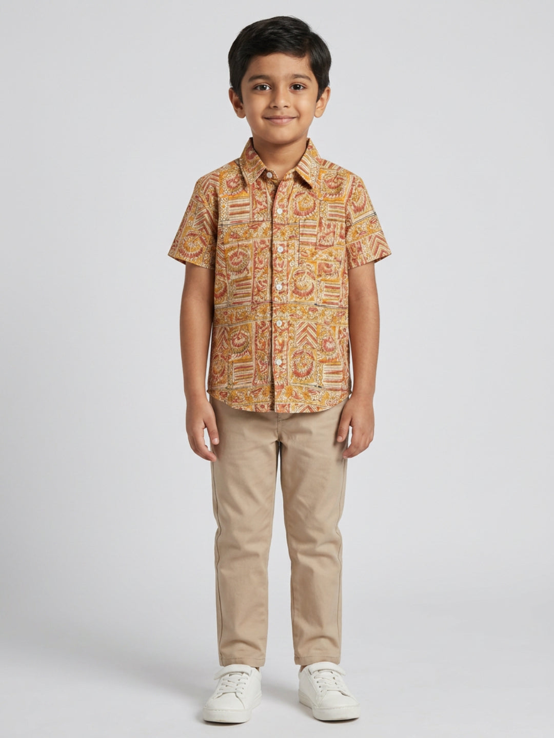 Biglilpeople Boys Ethnic Print Spread Collar Short Sleeves Shirt