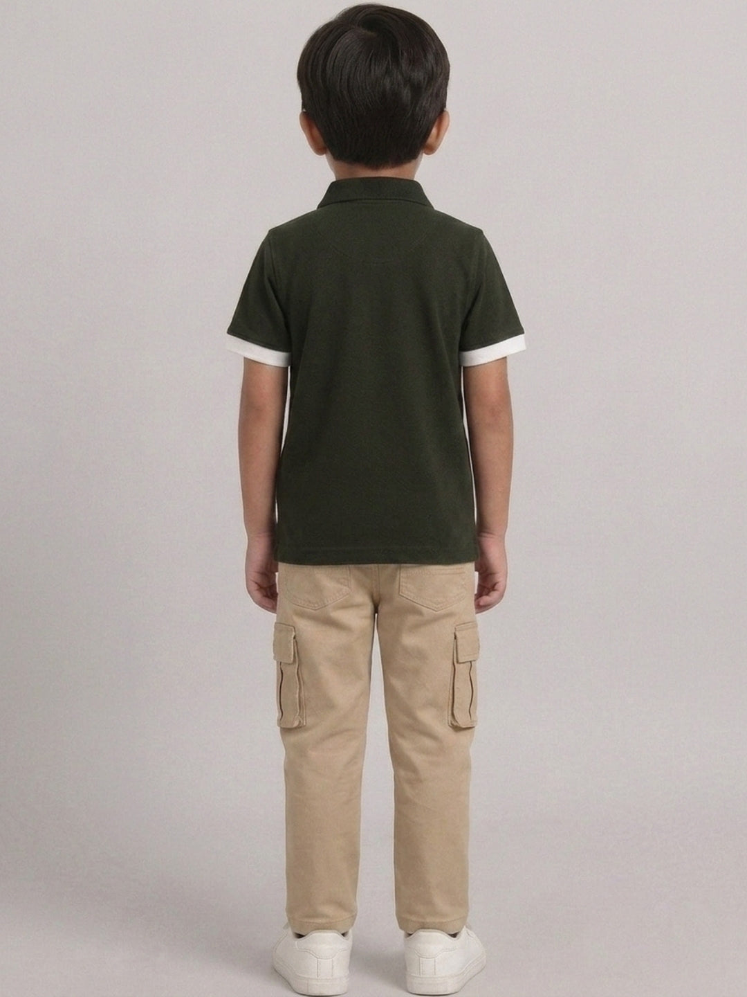 Boys Pure Cotton Olive Green & Off White Color Pique Polo T Shirt with Good Vibes design Print