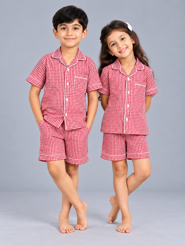 Biglilpeople Kids Red Checked Cotton Short Sleeve Shirt & Shorts Nightsuit