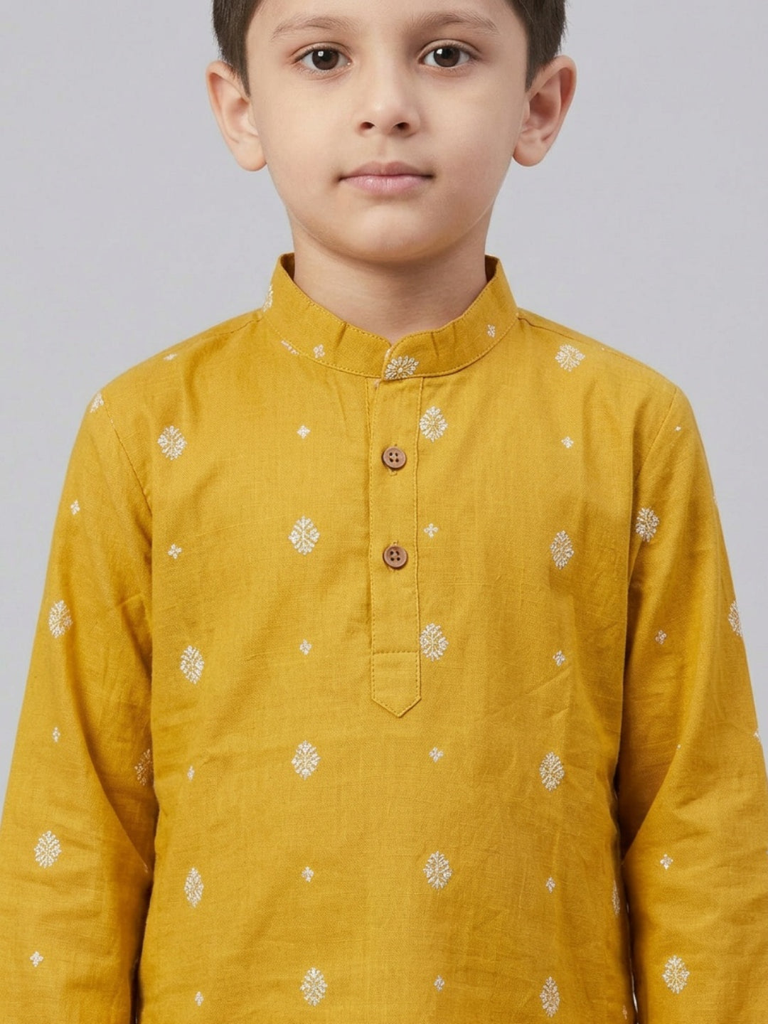 Biglilpeople Boys Mustard Cotton Kurta Set with Buti Print