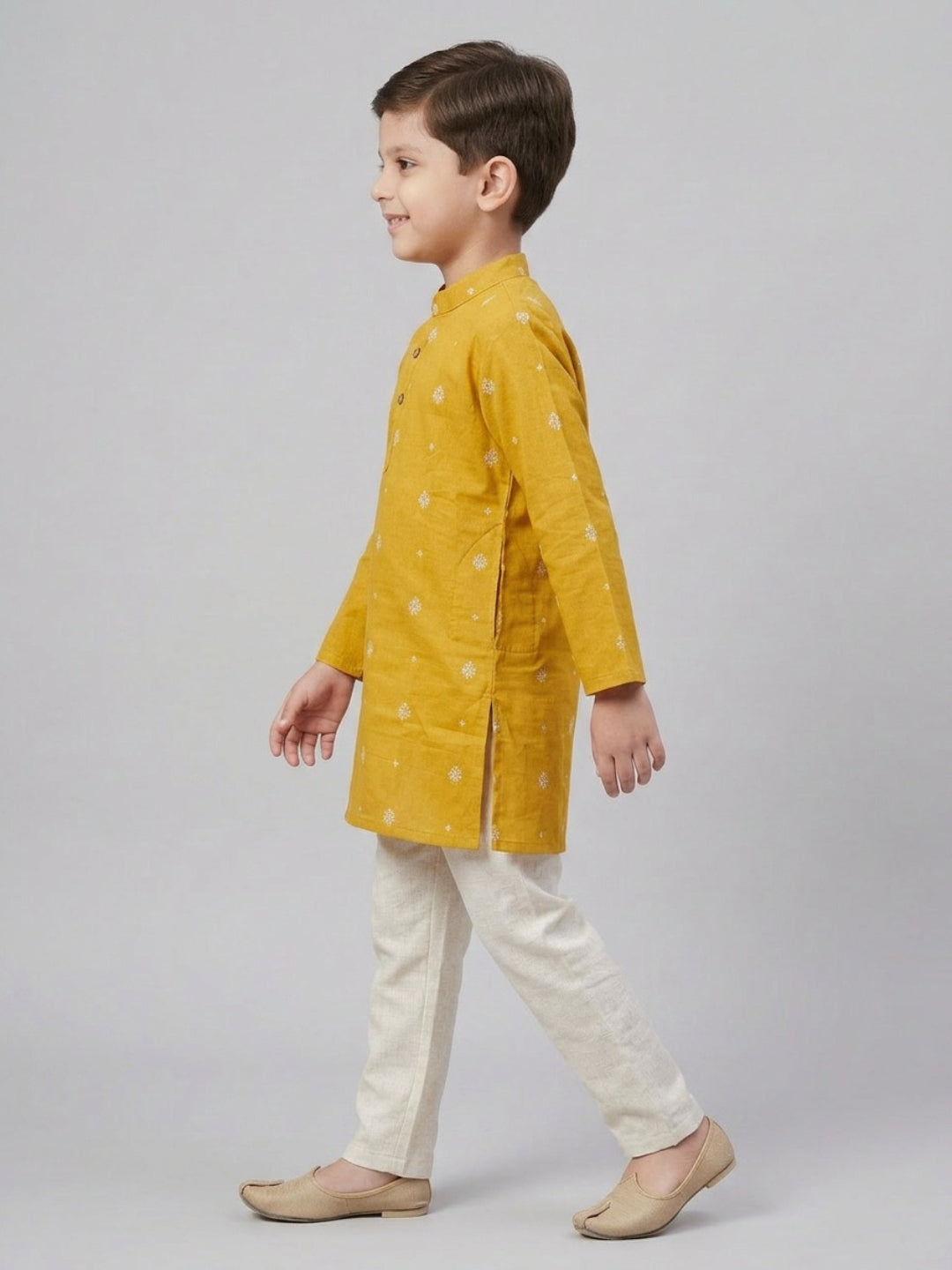 Biglilpeople Boys Mustard Cotton Kurta Set with Buti Print
