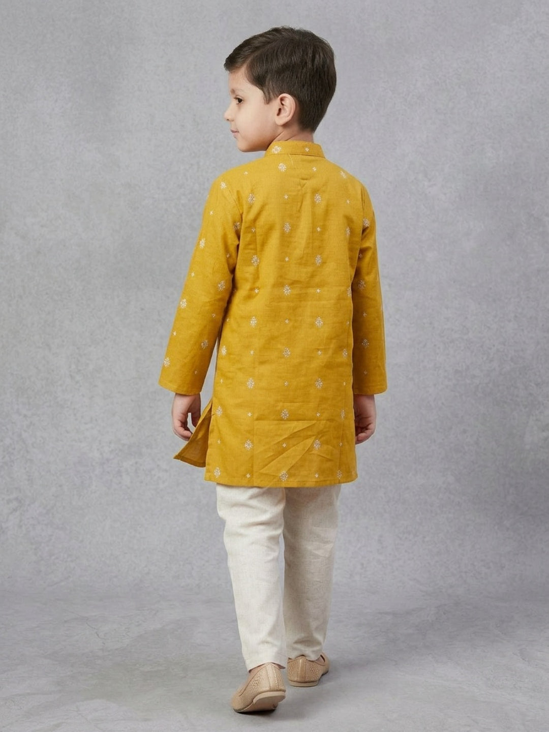 Biglilpeople Boys Mustard Cotton Kurta Set with Buti Print