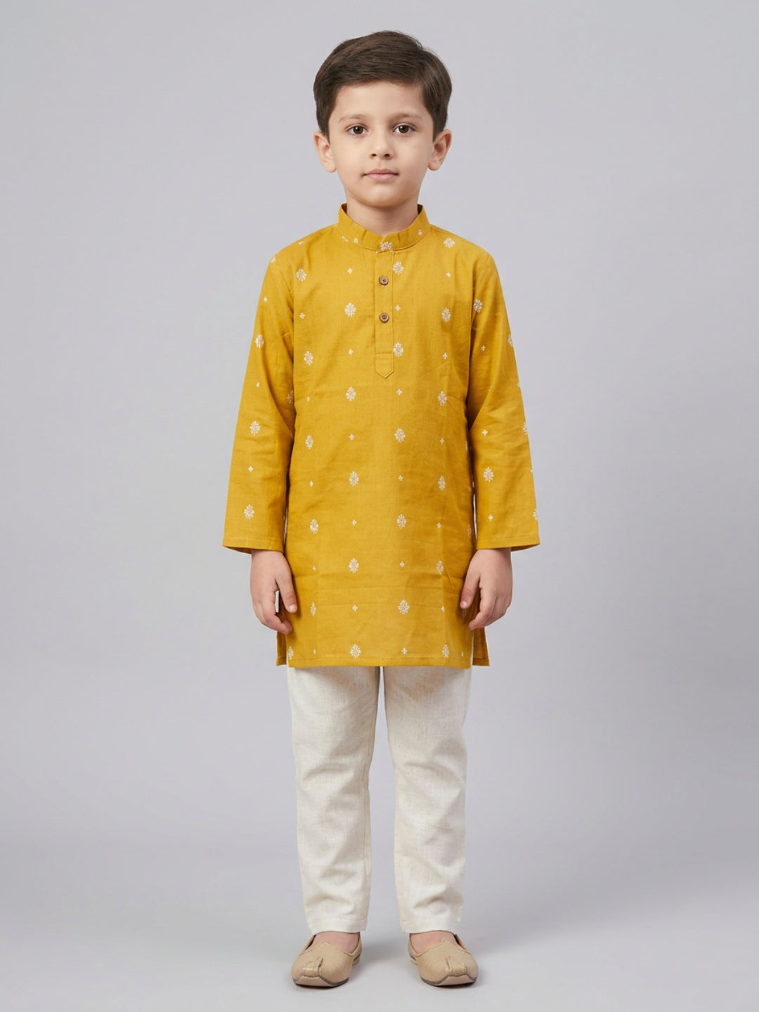 Biglilpeople Boys Mustard Cotton Kurta Set with Buti Print