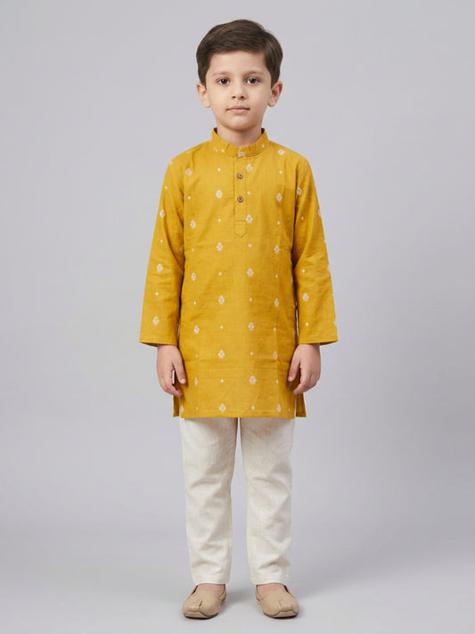 Biglilpeople Boys Mustard Cotton Kurta Set with Buti Print