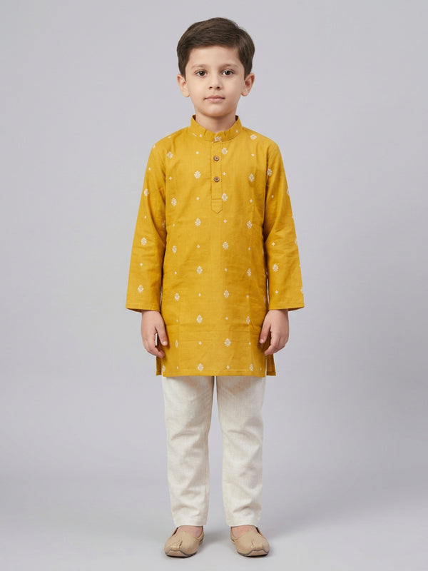 Biglilpeople Boys Mustard Cotton Kurta Set with Buti Print