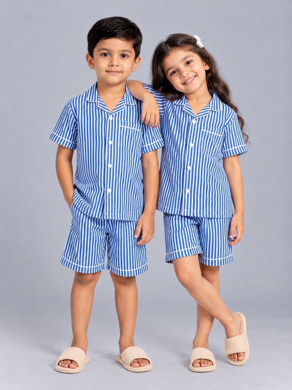 Biglilpeople Kids Blue Striped Cotton Short Sleeve Shirt & Shorts Nightsuit