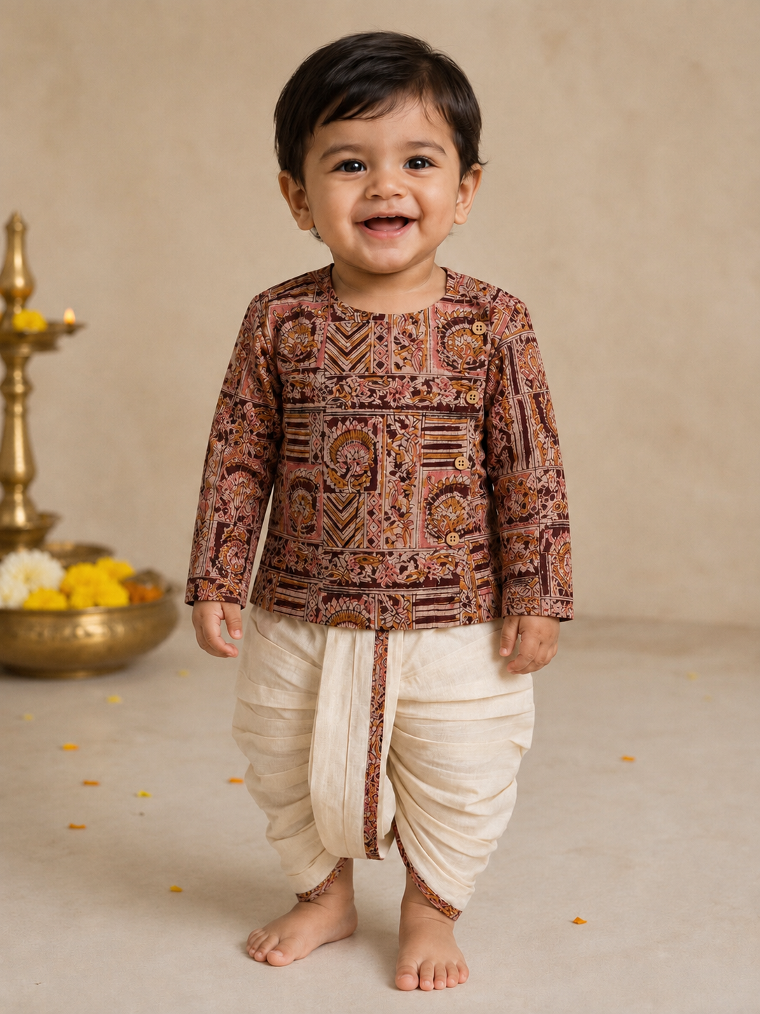 Biglilpeople Boys Rust Brown Ethnic Printed Cotton Angrakha Style Dhoti Set