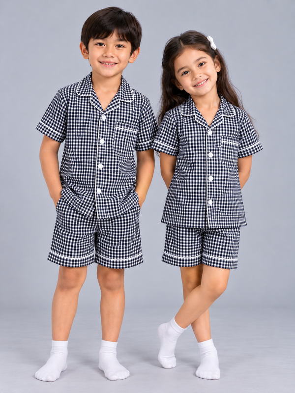 Biglilpeople Kids Black Checked Cotton Short Sleeve Shirt & Shorts Nightsuit