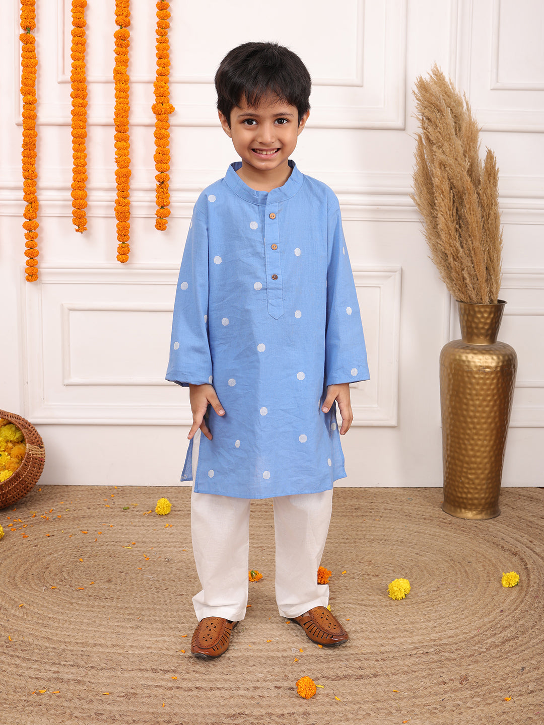 Biglilpeople Boys Woven Polka Dot Mandarin Collar Long Sleeves Kurta Set