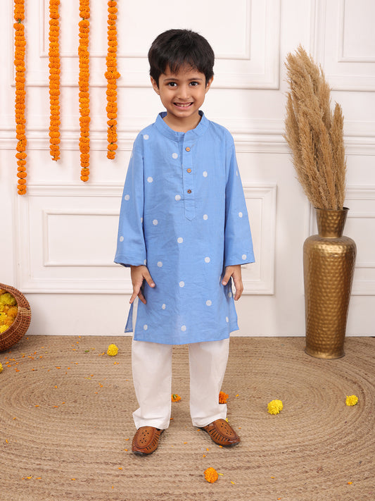 Biglilpeople Boys Woven Polka Dot Mandarin Collar Long Sleeves Kurta Set