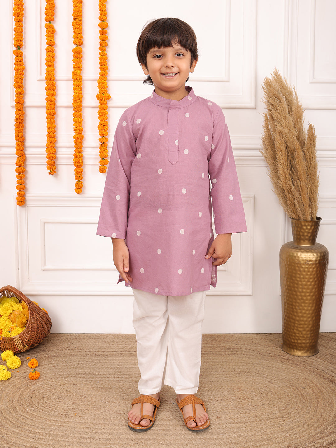 Biglilpeople Boys Woven Polka Dot Mandarin Collar Long Sleeves Kurta Set