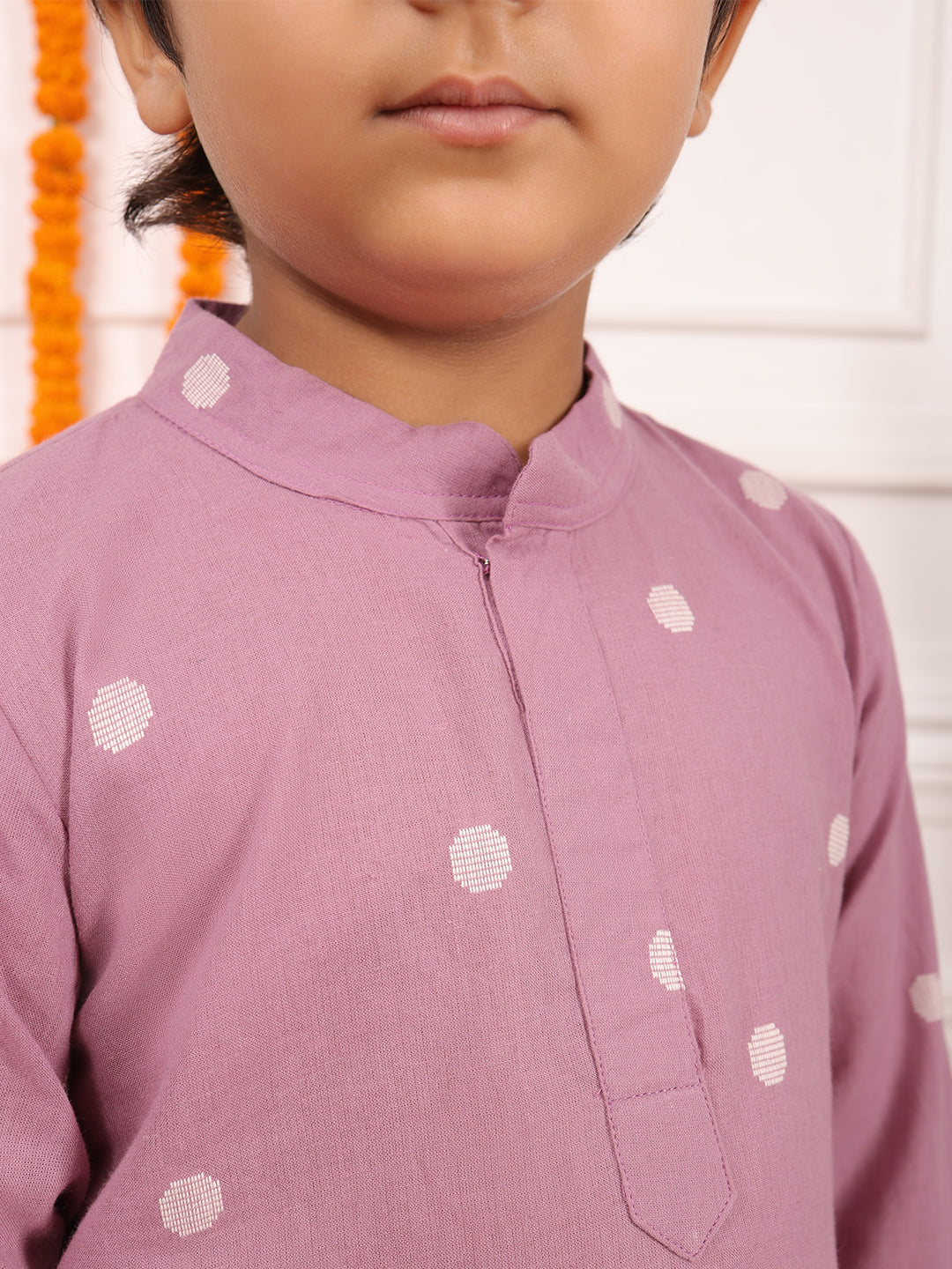 Biglilpeople Boys Woven Polka Dot Mandarin Collar Long Sleeves Kurta Set
