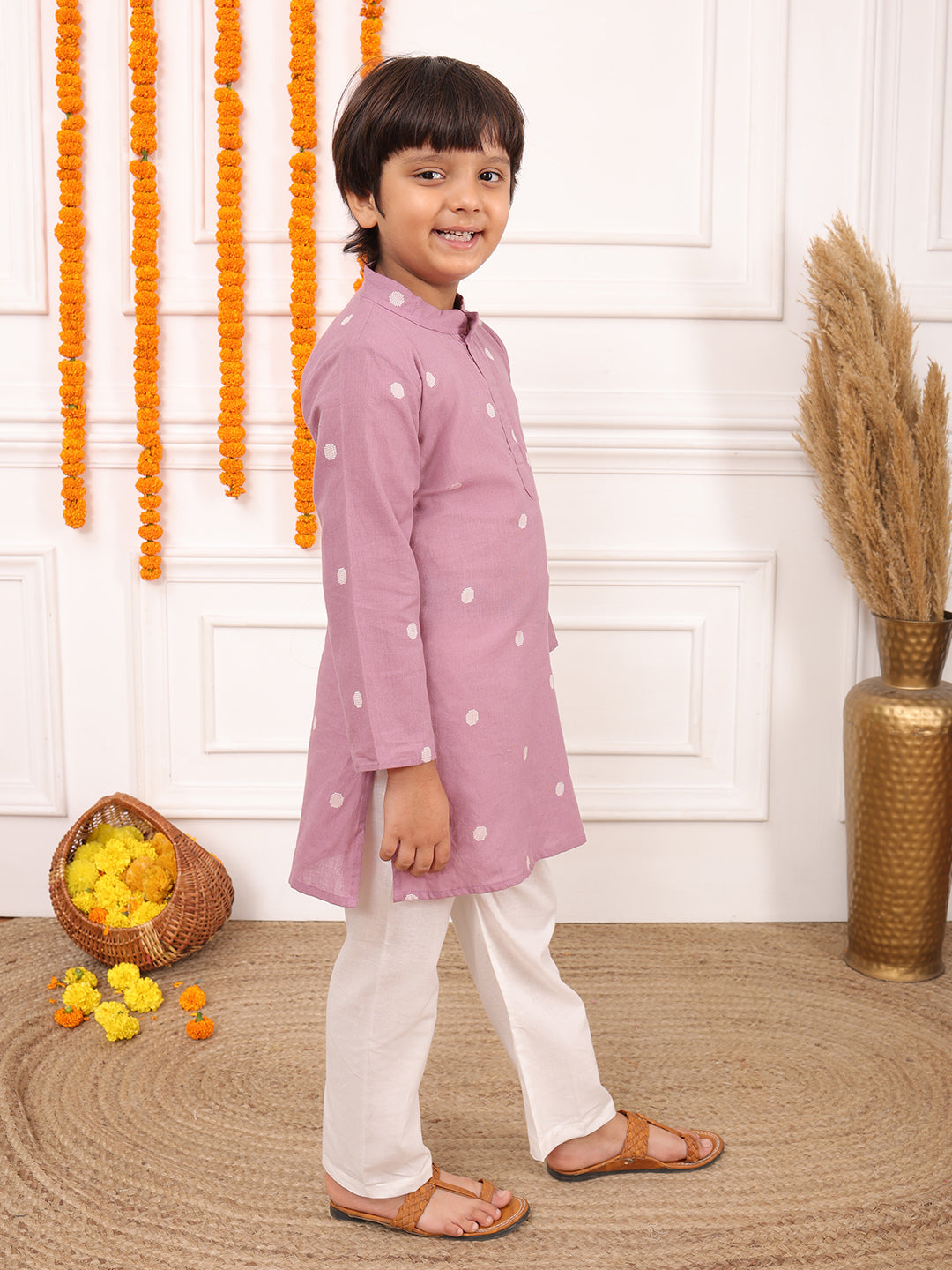 Biglilpeople Boys Woven Polka Dot Mandarin Collar Long Sleeves Kurta Set