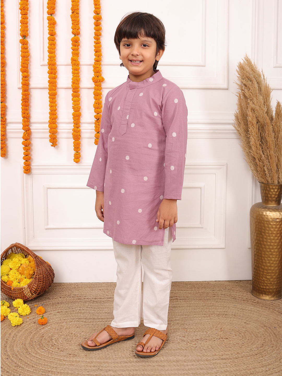Biglilpeople Boys Woven Polka Dot Mandarin Collar Long Sleeves Kurta Set