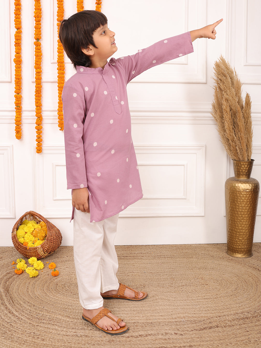 Biglilpeople Boys Woven Polka Dot Mandarin Collar Long Sleeves Kurta Set