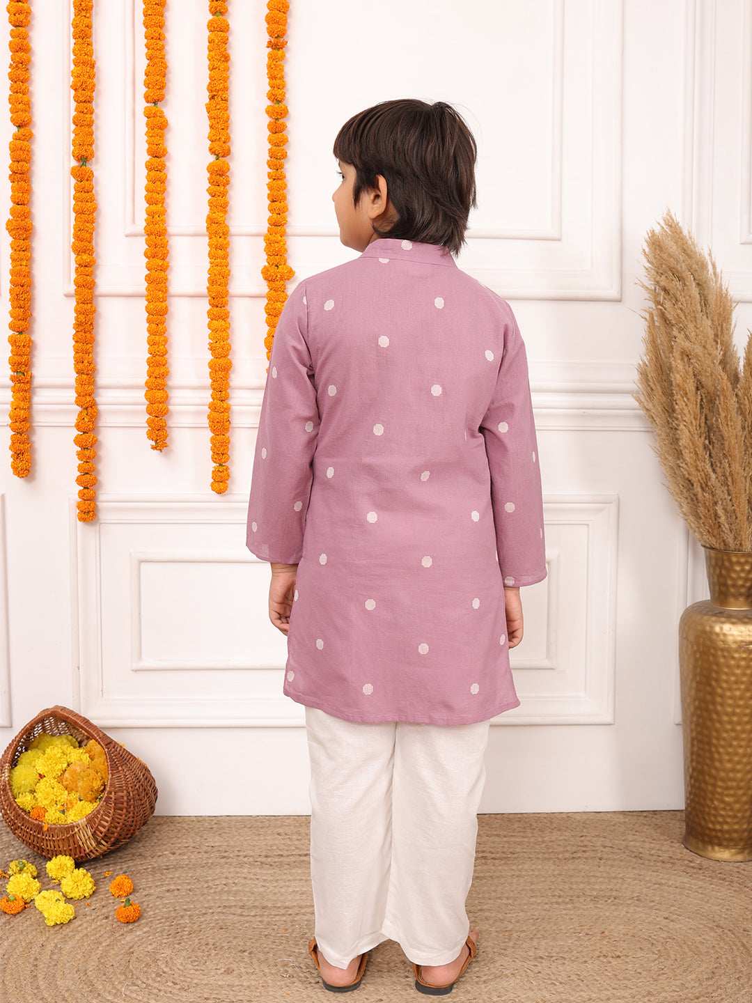 Biglilpeople Boys Woven Polka Dot Mandarin Collar Long Sleeves Kurta Set