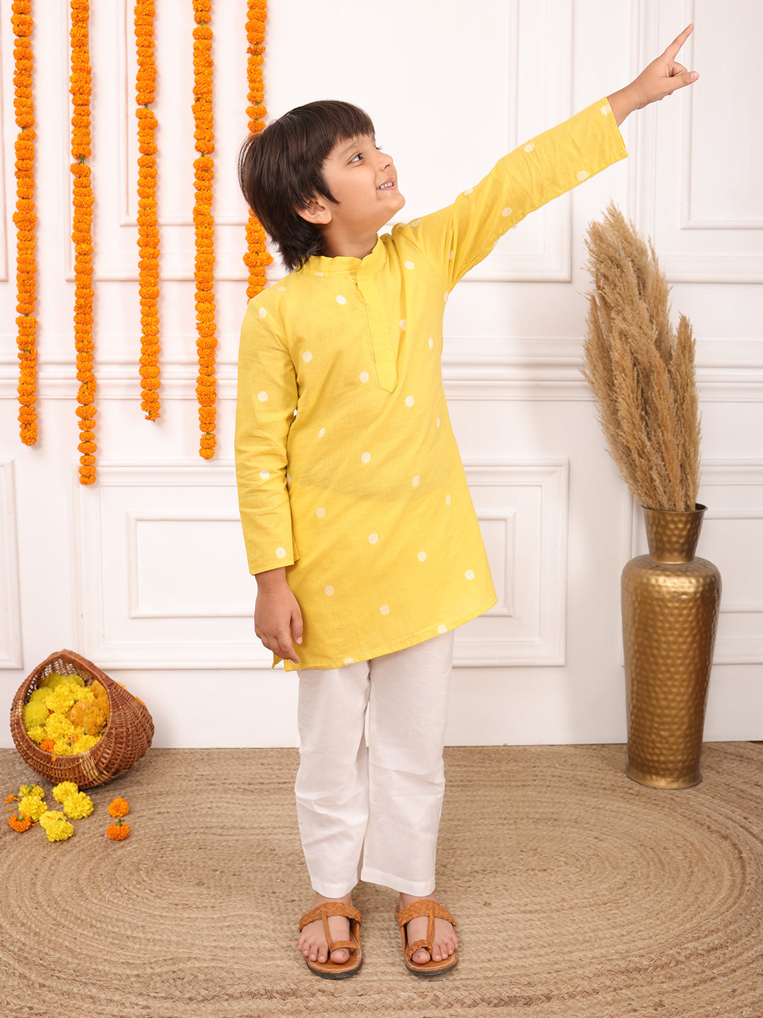 Biglilpeople Boys Woven Polka Dot Mandarin Collar Long Sleeves Kurta Set