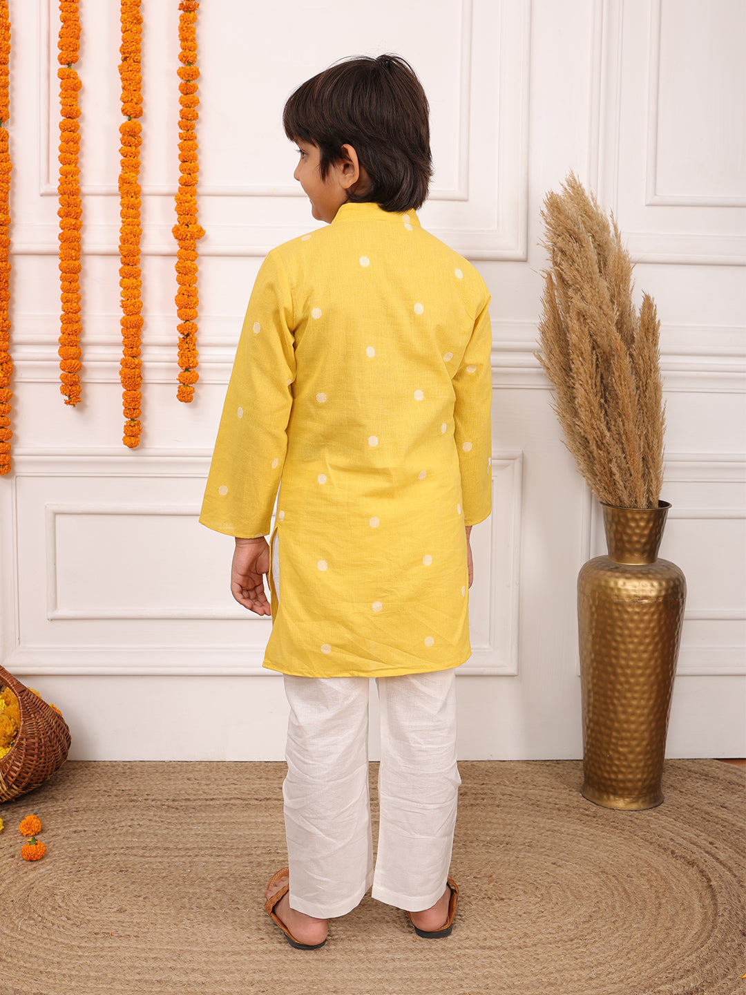 Biglilpeople Boys Woven Polka Dot Mandarin Collar Long Sleeves Kurta Set