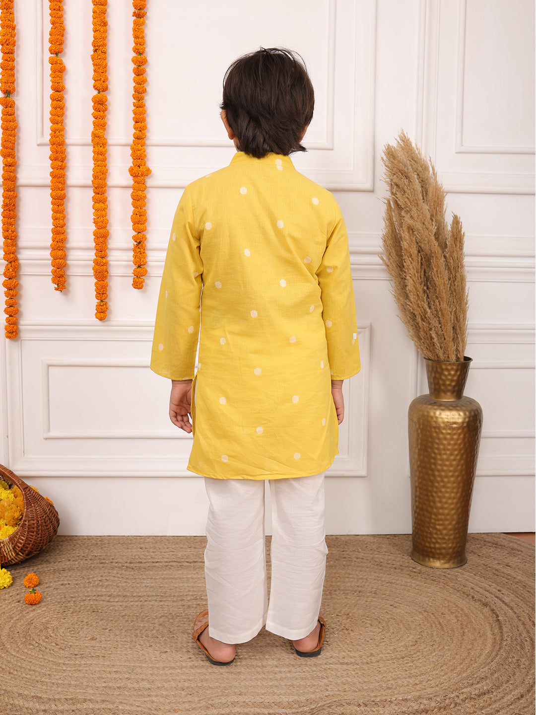 Biglilpeople Boys Woven Polka Dot Mandarin Collar Long Sleeves Kurta Set