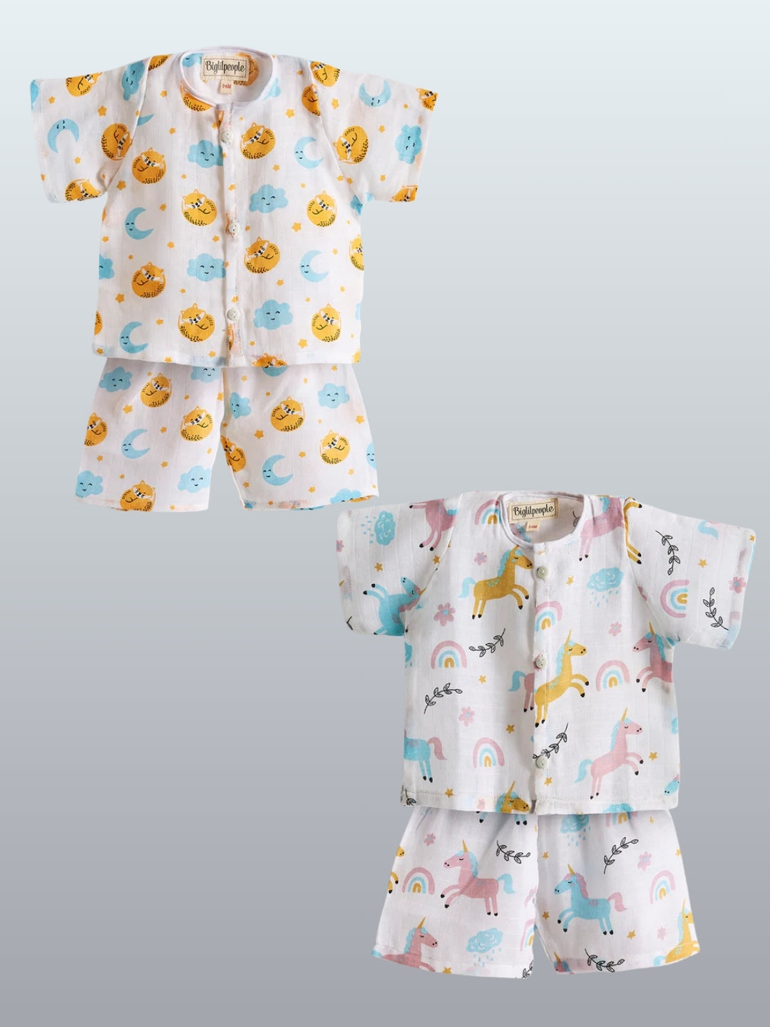 Biglilpeople Infant Muslin Shirt & Shorts Fox and Unicorn Print - Pack of 2