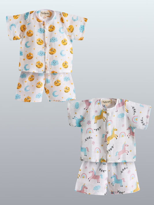 Biglilpeople Infant Muslin Shirt & Shorts Fox and Unicorn Print - Pack of 2
