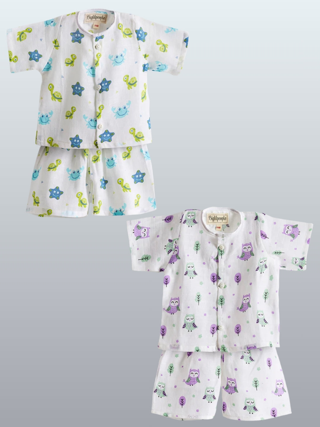 Biglilpeople Infant Muslin Shirt & Turtle and Owl Shorts Print - Pack of 2