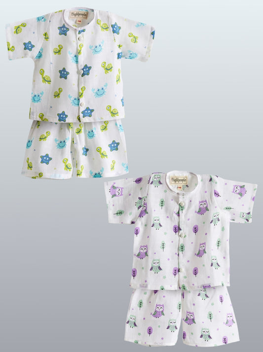 Biglilpeople Infant Muslin Shirt & Turtle and Owl Shorts Print - Pack of 2