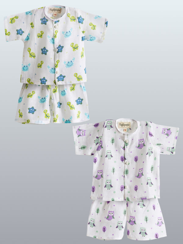 Biglilpeople Infant Muslin Shirt & Turtle and Owl Shorts Print - Pack of 2