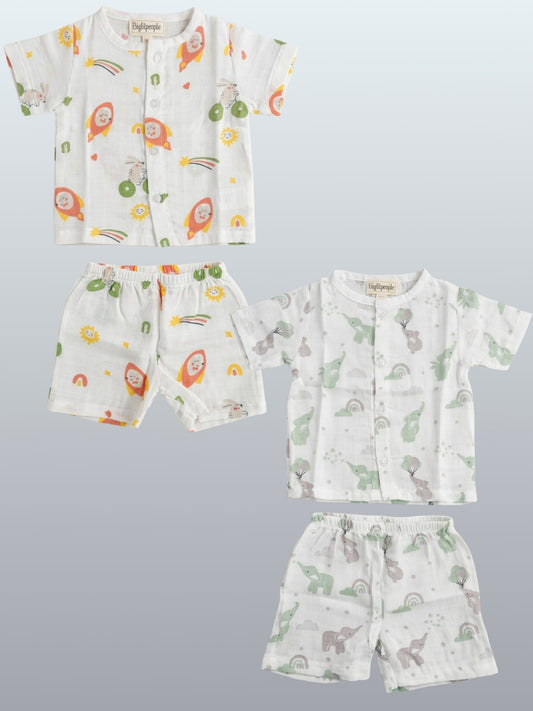 Biglilpeople Infant Muslin Shirt & Shorts Rocket & Elephant Print - Pack of 2