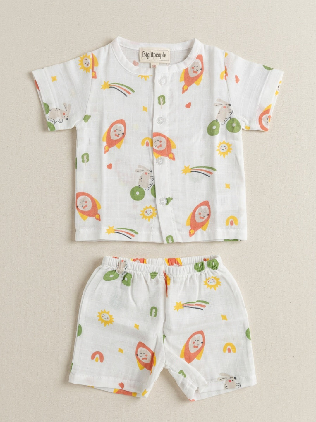 Biglilpeople Infant Muslin Shirt & Shorts Rocket & Elephant Print - Pack of 2