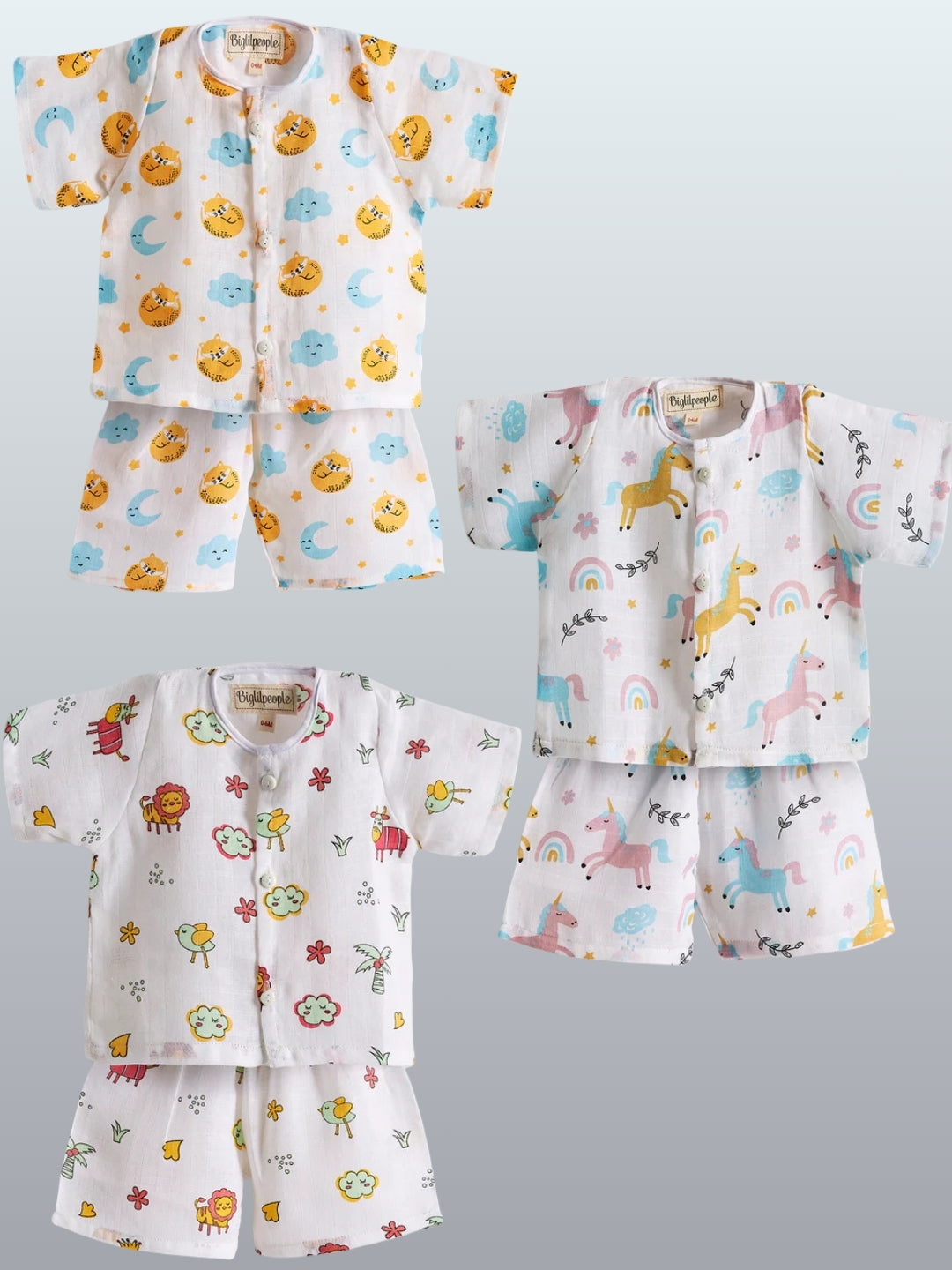 Biglilpeople Infant Muslin Shirt & Shorts Fox, Lion and Unicorn Print - Pack of 3